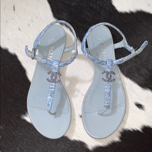 Chanel Fantasy Tweed CC Light Blue Sandals, 37.5 C - Picture 4 of 14